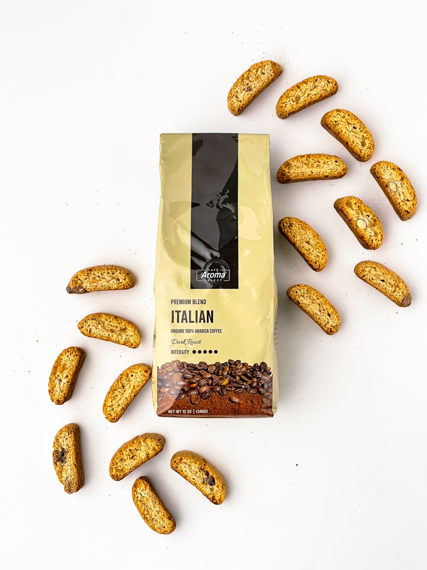 Pieces of baguette bread and a bag of Italian coffee