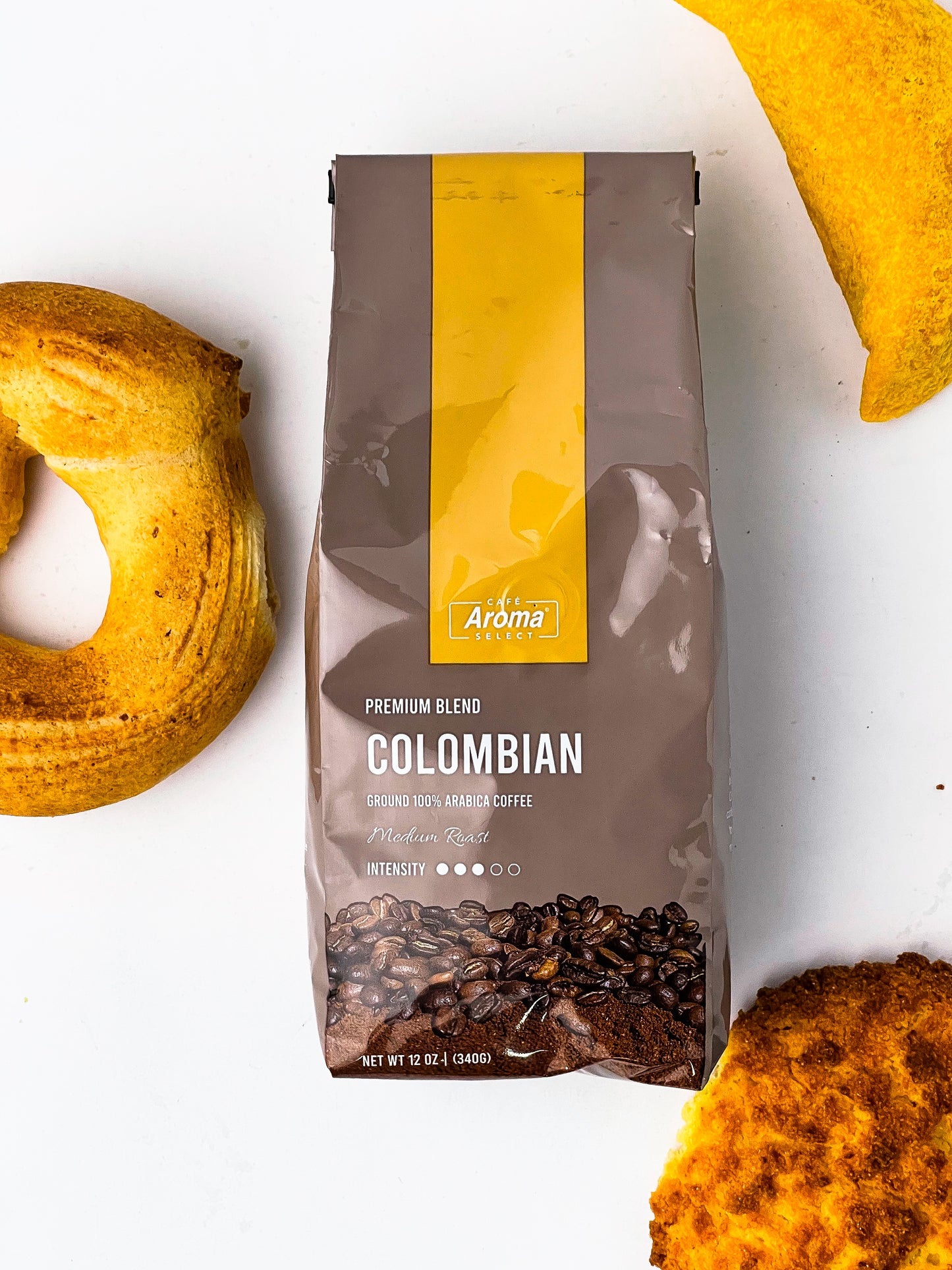 Colombian ground coffee in bag with bagels